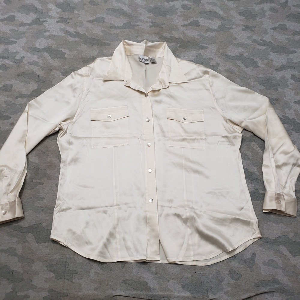 Chico's Top Womens 3 Beige 100% Silk Long Sleeve Button-Up Minimalist